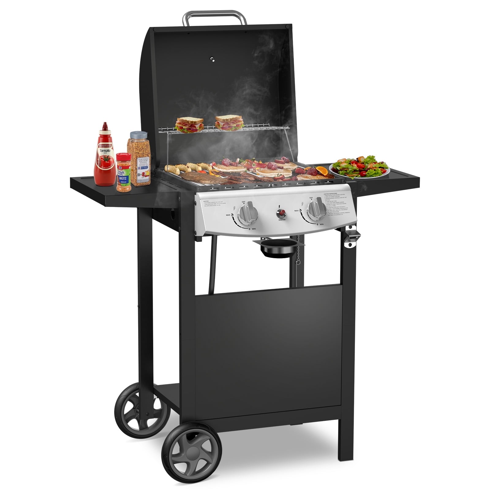 LHRIVER Stainless Steel 3 Burner Propane Gas Grill with Side Burner, 34,000 BTU Patio Garden Barbecue Grill,Porcelain-Enameled Cast Iron Grates