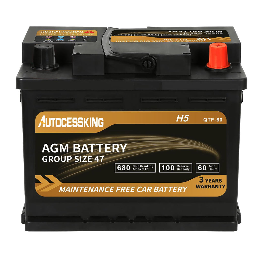 Autocessking Platinum AGM Battery, Group 47 Rechargeable Automotive Batteries for Car, 12V H5 680CCA 60Ah 100RC
