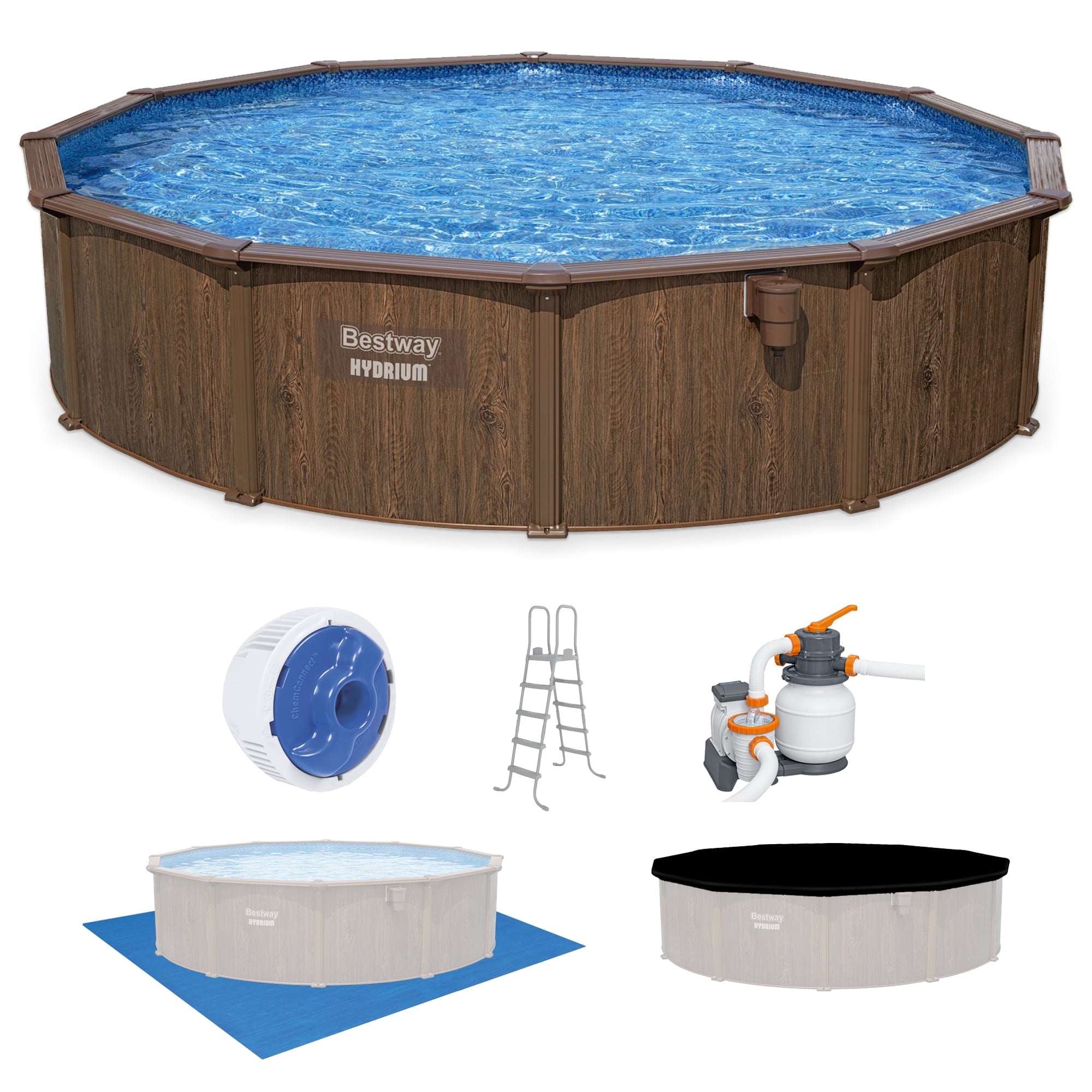 Bestway Hydrium 15' x 48 Steel Side Wall Above Ground Pool w/ Sand Pump & Accessories