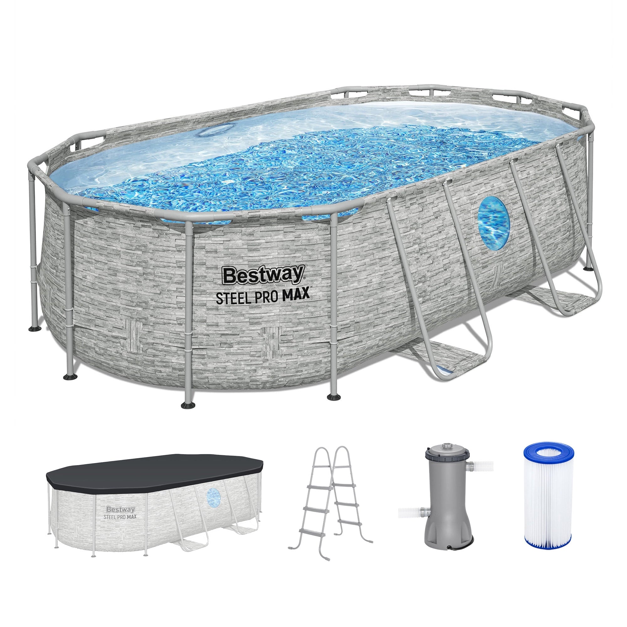 Bestway Power Steel Swim Vista 14’ x 8'2 x 39.5” Metal Frame Above Ground Pool, Stone