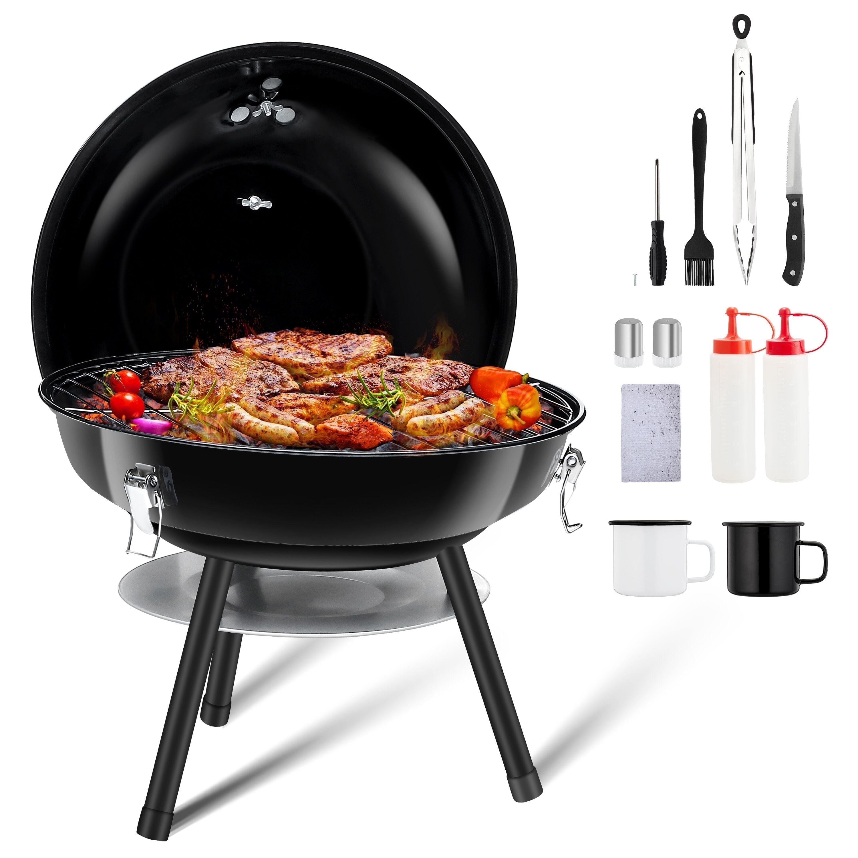 Coliware 14 inch Small Charcoal Grill, Portable Chargrills Tabletop Grill with accessories tools, Expert Barbecue Smoker for picnic camping patio backyard, Outdoor Oven