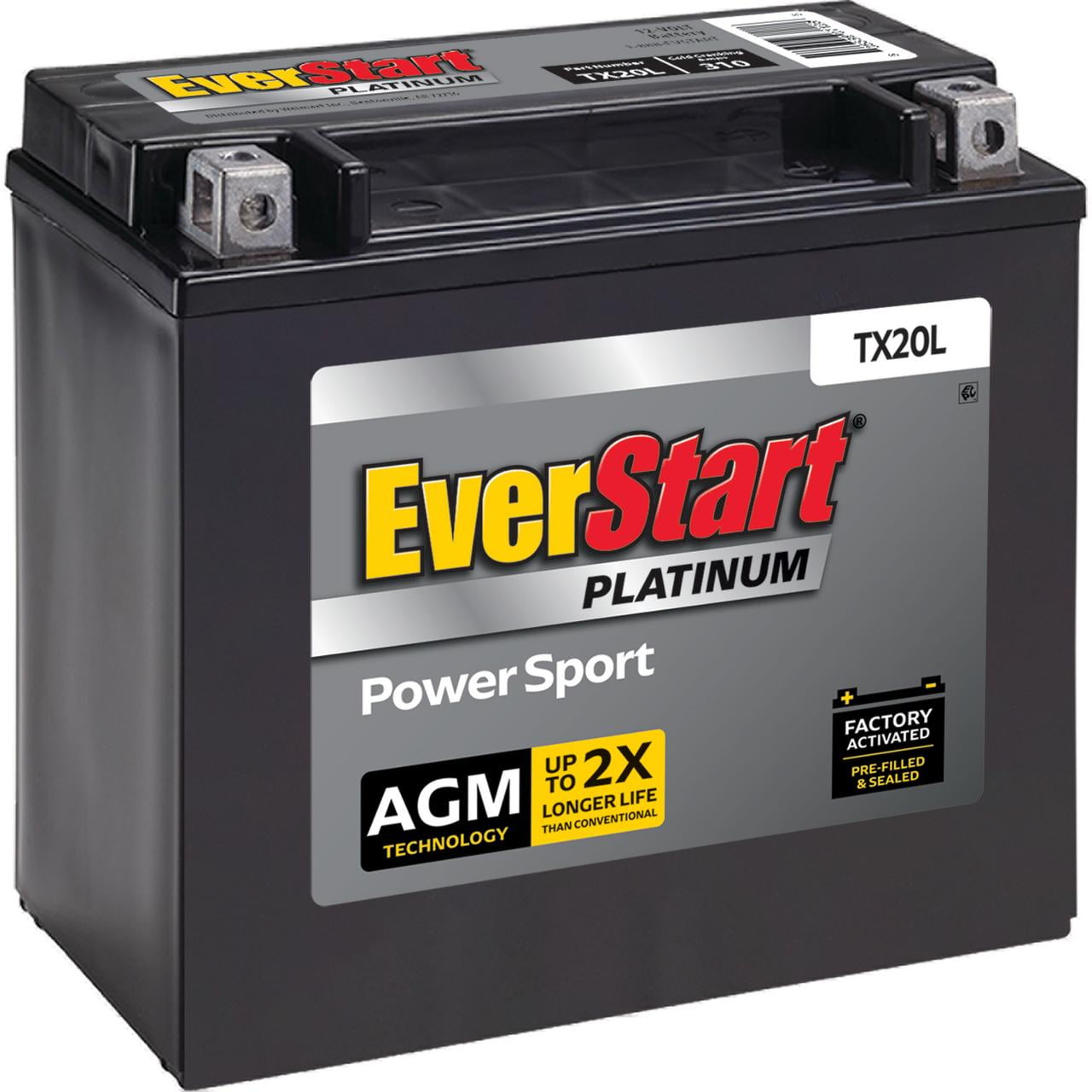 EverStart Platinum AGM Power Sport Battery, Group Size TX20L 12 Volt, 310 CCA