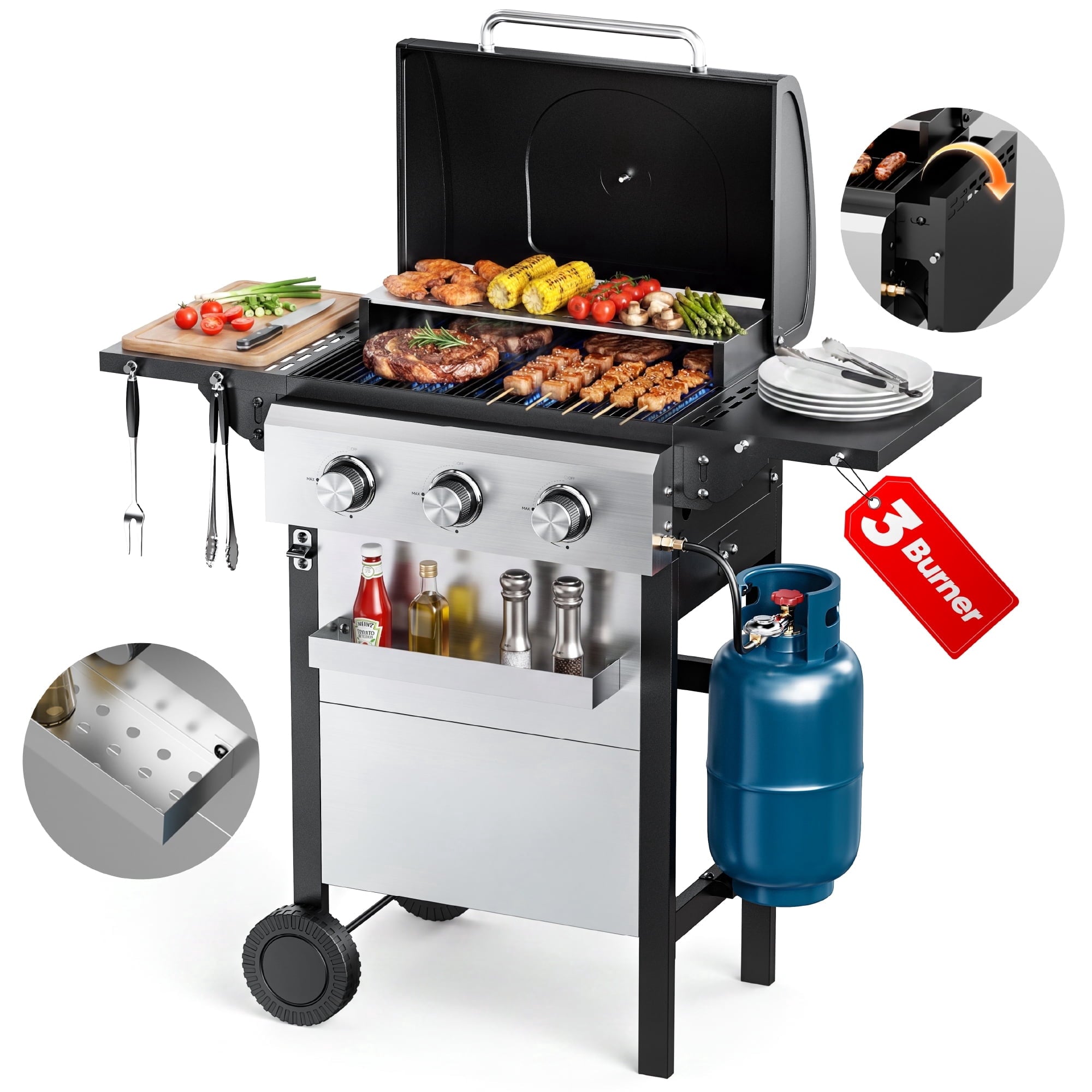 Biotree 4 Burner BBQ Propane Gas Grill, Stainless Steel 38,000 BTU Patio Garden Barbecue Grill with Two Foldable Shelves