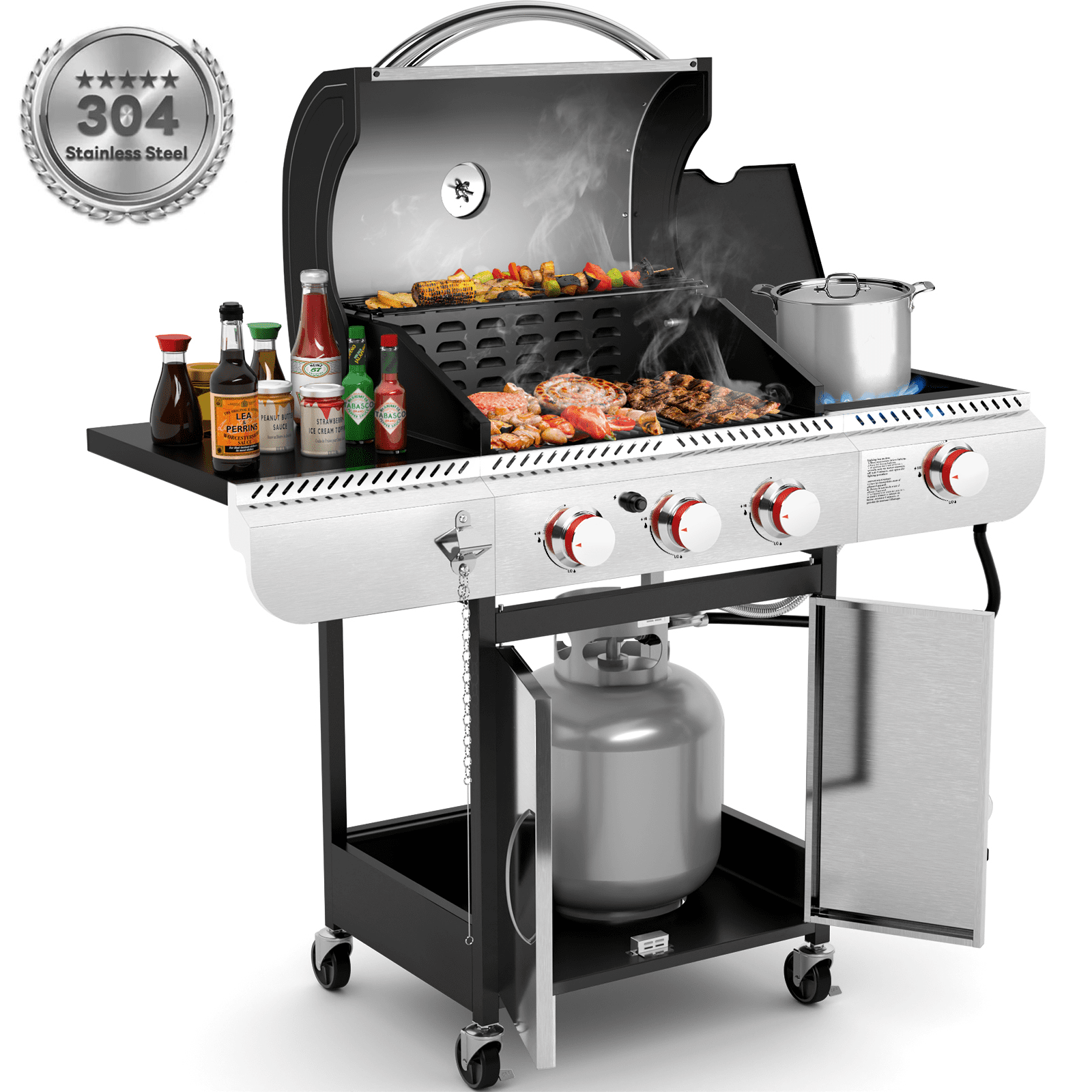 LHRIVER Stainless Steel 3 Burner Propane Gas Grill with Side Burner, 34,000 BTU Patio Garden Barbecue Grill,Porcelain-Enameled Cast Iron Grates