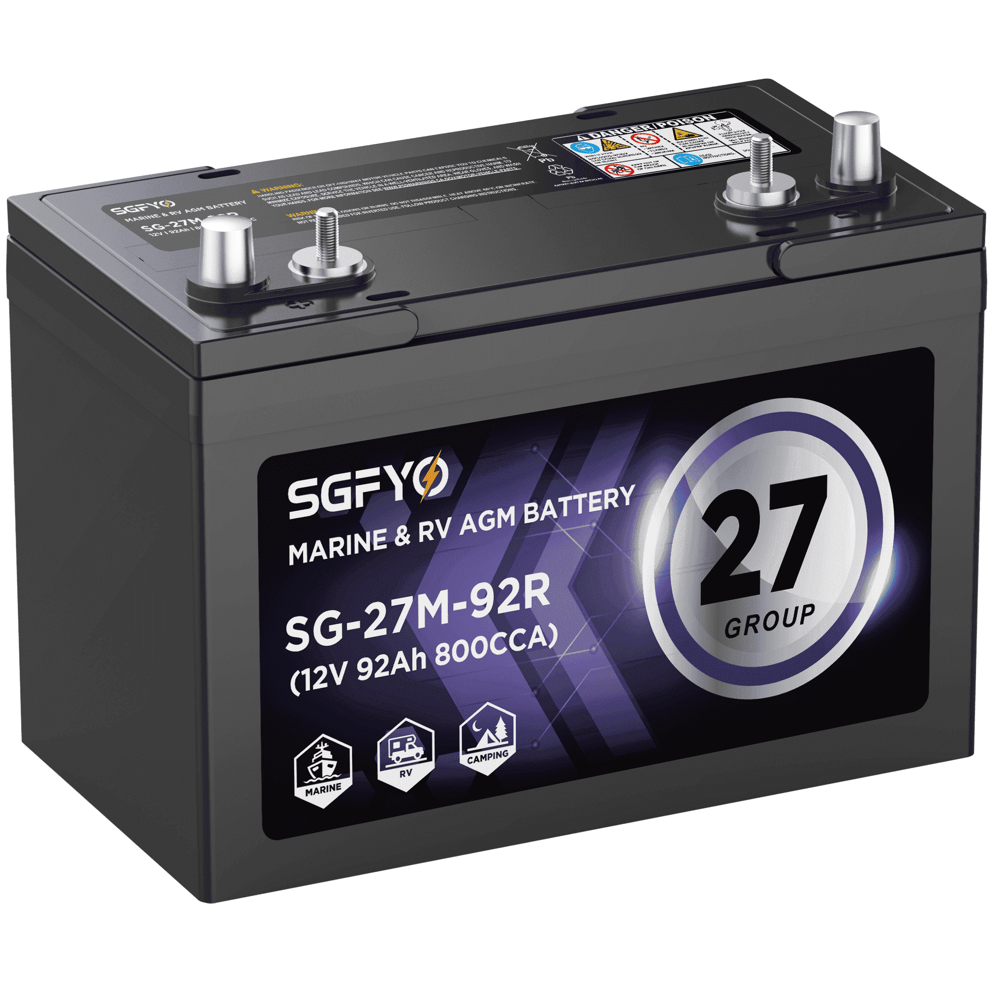 SGFYO Group Size 27M Dual Purpose Marine Battery,12V 92Ah 800CCA 175RC AGM Starter and Deep Cycle RV & Boat Batteries