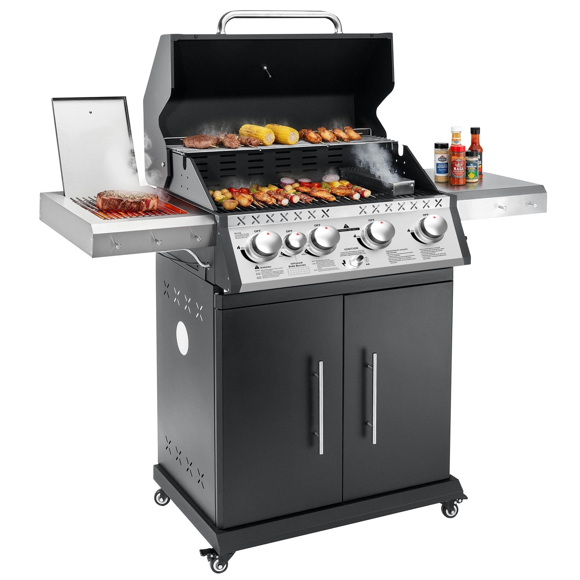 SKOK 4 Burner Gas Grill with Side Burner, 58000 BTU &393 sq.in Cooking Surface, Outdoor Propane Barbecue Grill for Patio & Backyard