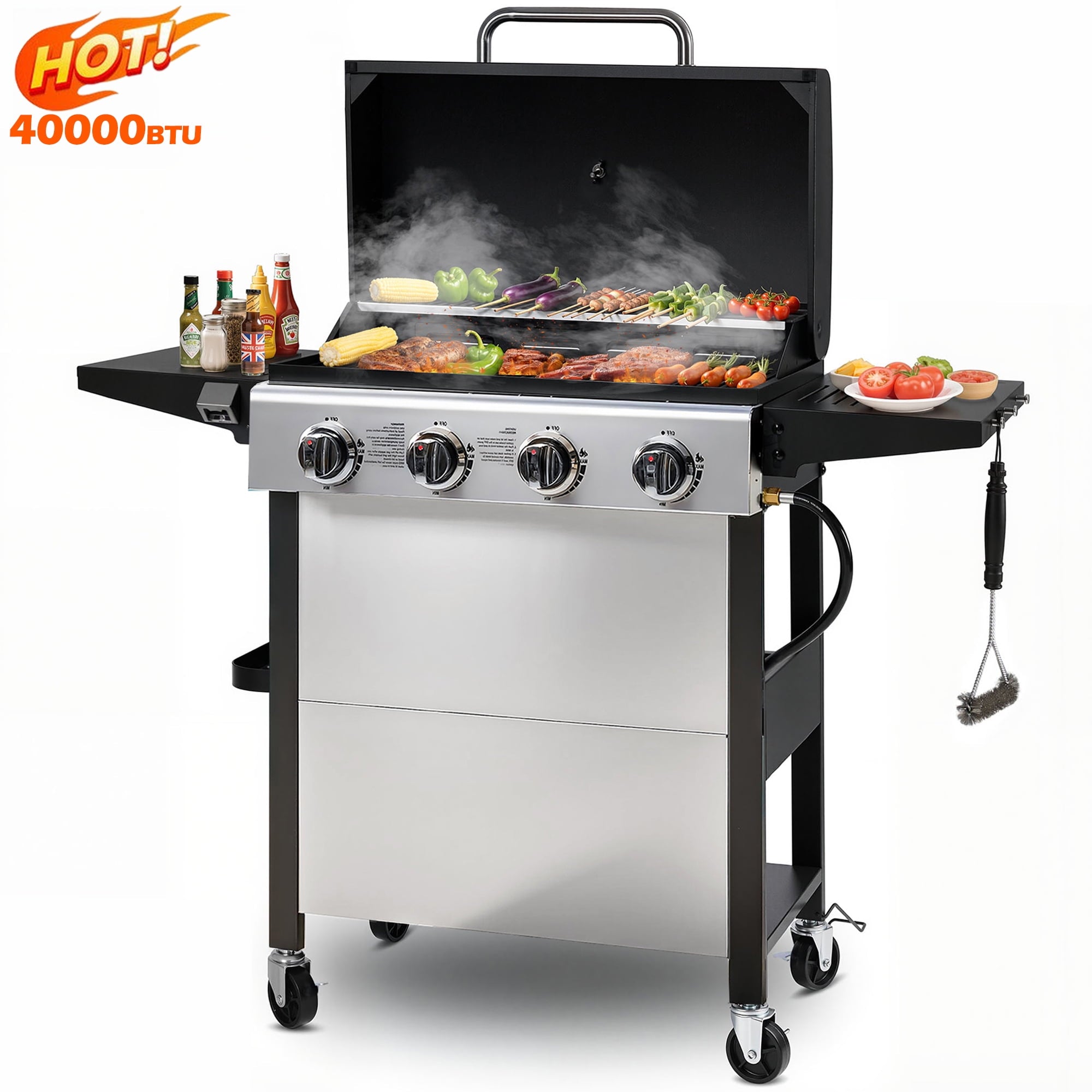 Outdoor BBQ Grill, Powerful 30,000BTU Gas Propane Grill, Stainless Steel Grill with Storage Shelves, Portable Grill for RV Party Camping Patio