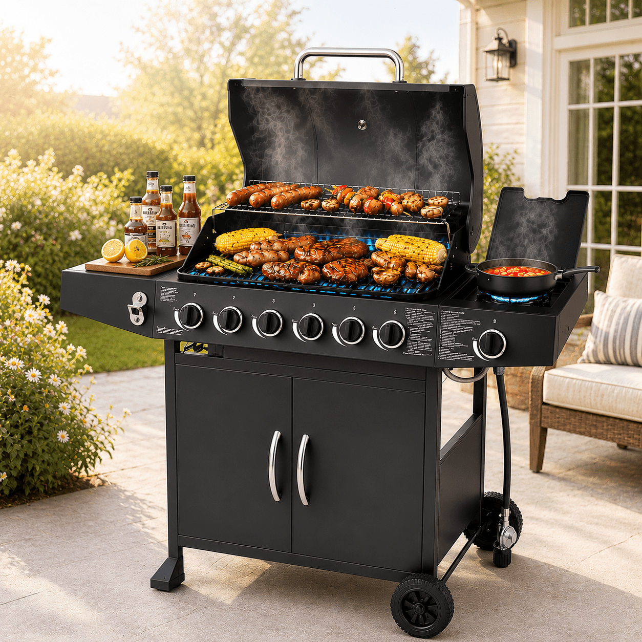 6-Burner Propane Gas Grill with Side Burner, 59000 BTU Outdoor BBQ Grill with Porcelain-Enameled Grates, Warming Rack, Side Tables, Bottle Opener, Thermometer and Wheels for Patio Backyard Cooking