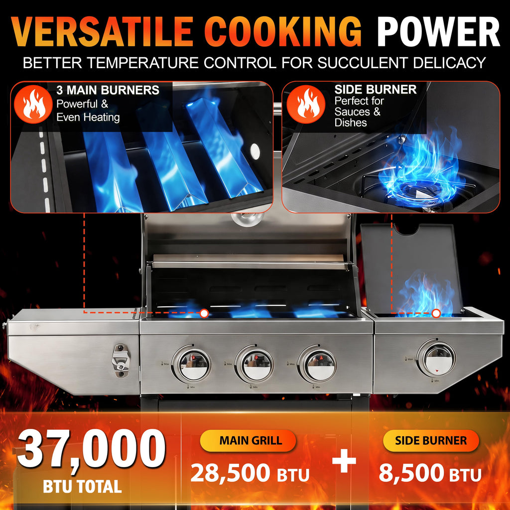 Segmart 3 Burner Propane Gas Grill with Side Burner, 37,000 BTU Outdoor Cooking BBQ Grill with Porcelain-Enameled Cast Iron Grates, Equipped with Temperature, Tool Hooks, and Bottle Opener