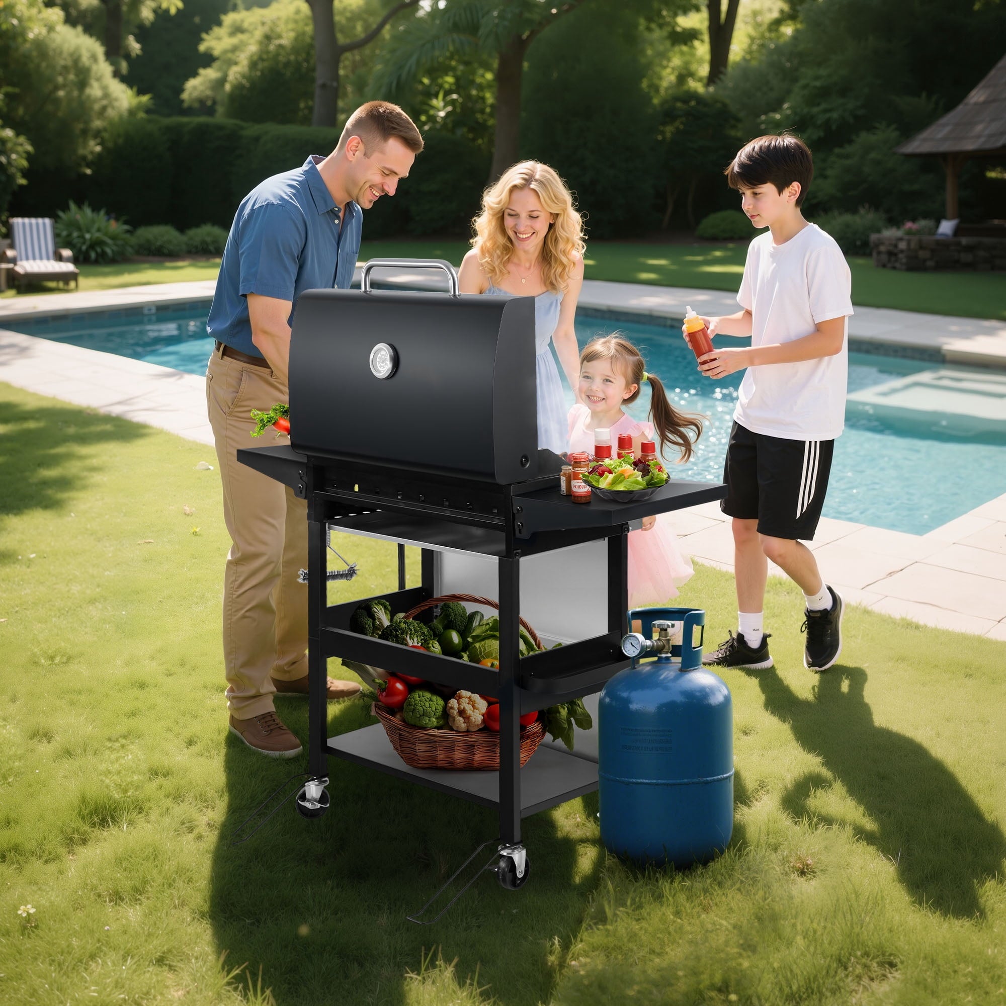 Outdoor BBQ Grill, Powerful 30,000BTU Gas Propane Grill, Stainless Steel Grill with Storage Shelves, Portable Grill for RV Party Camping Patio