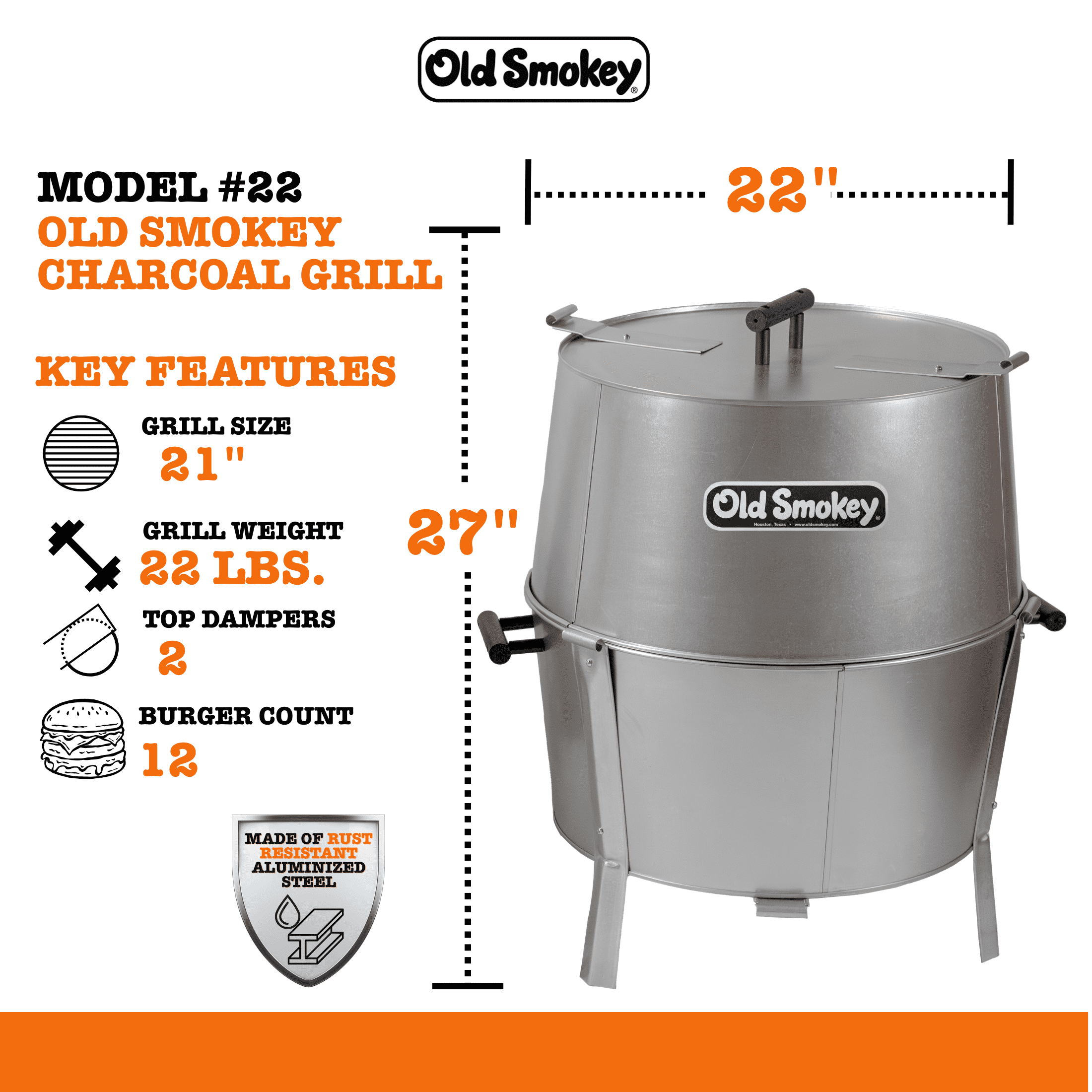Old Smokey 18 inch Portable Charcoal Grill, Durable Steel BBQ Grill