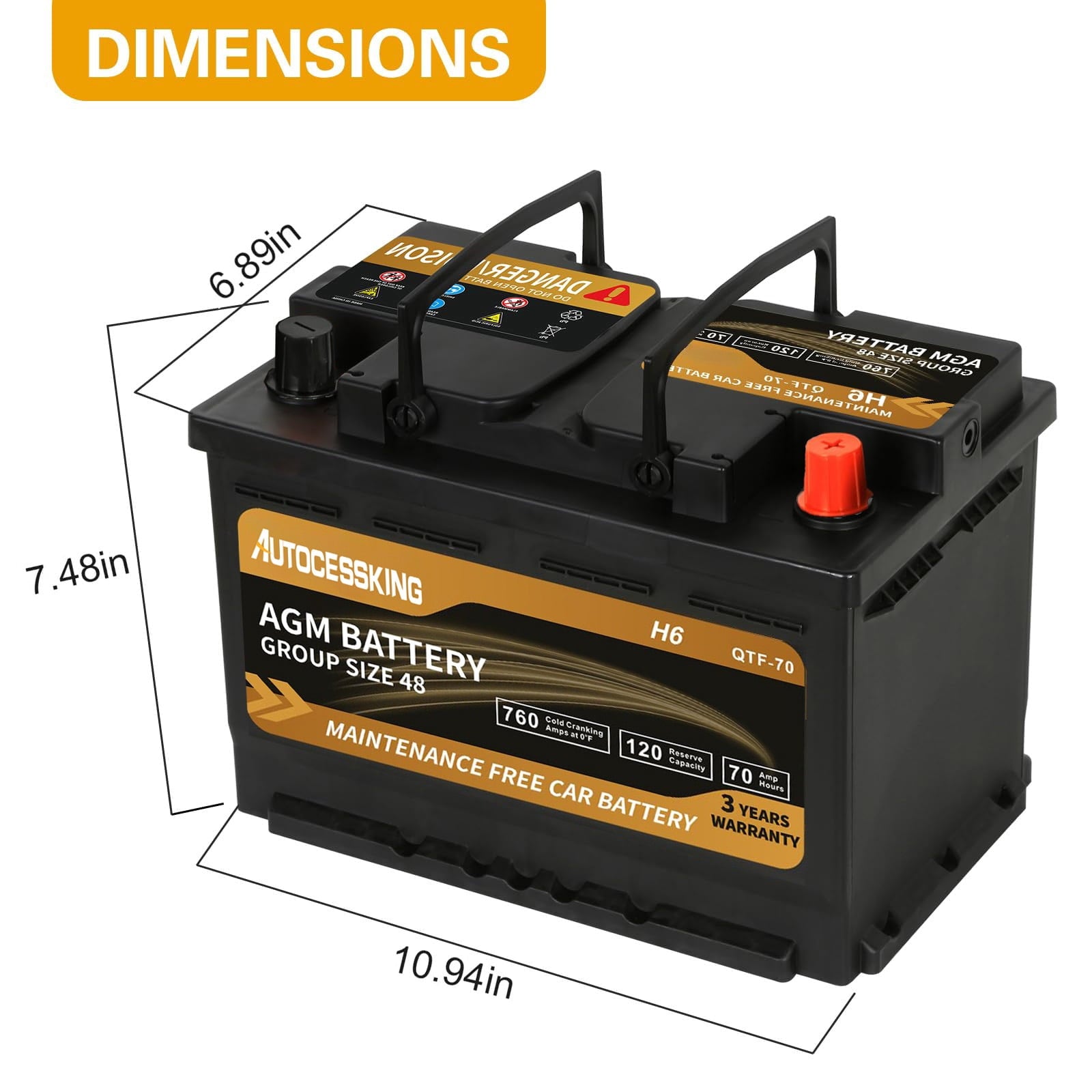 Autocessking Platinum AGM Battery, Group 47 Rechargeable Automotive Batteries for Car, 12V H5 680CCA 60Ah 100RC