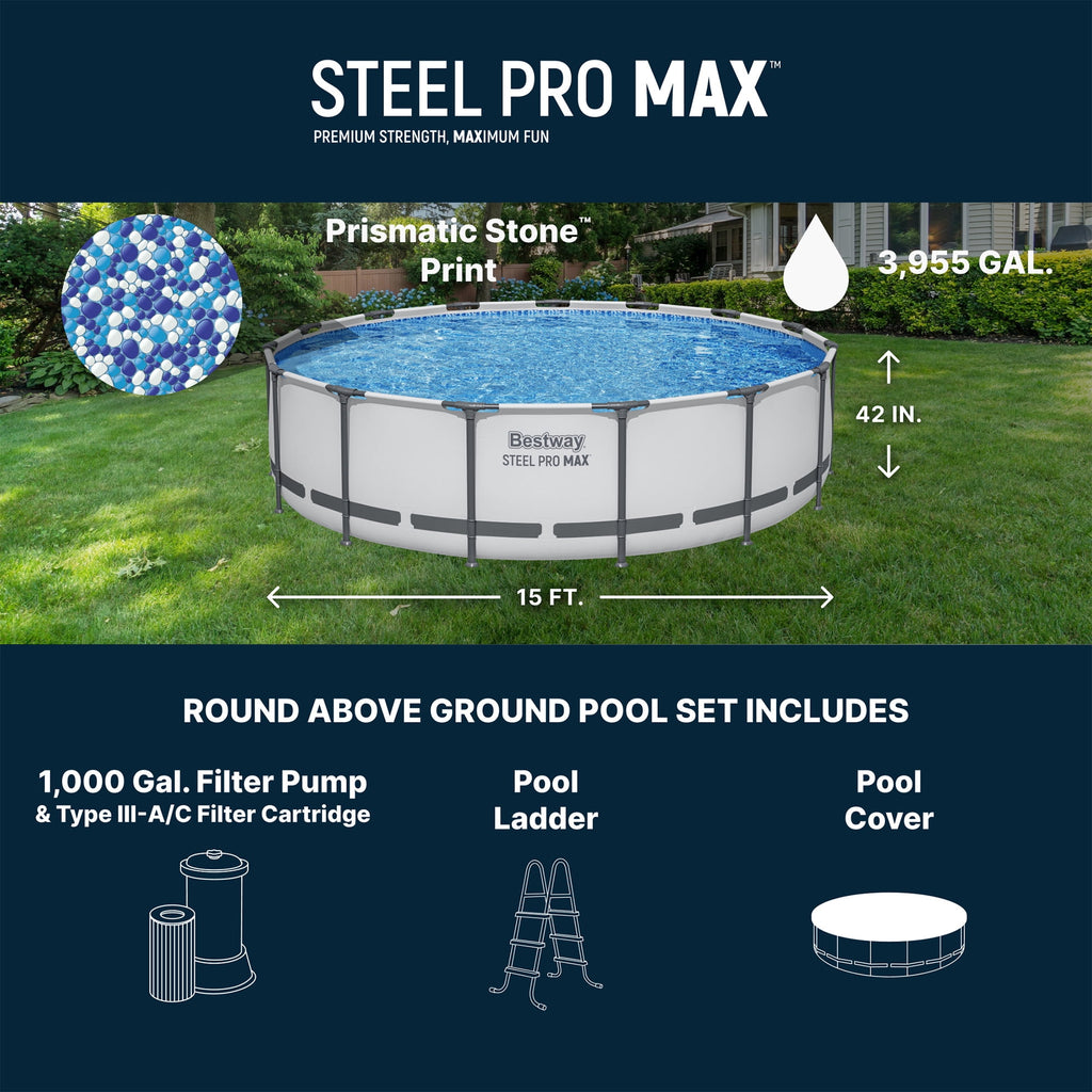 Bestway Steel Pro MAX 15'x42 Metal Frame Above Ground Pool Set w/ Pump, Ladder, & Cover