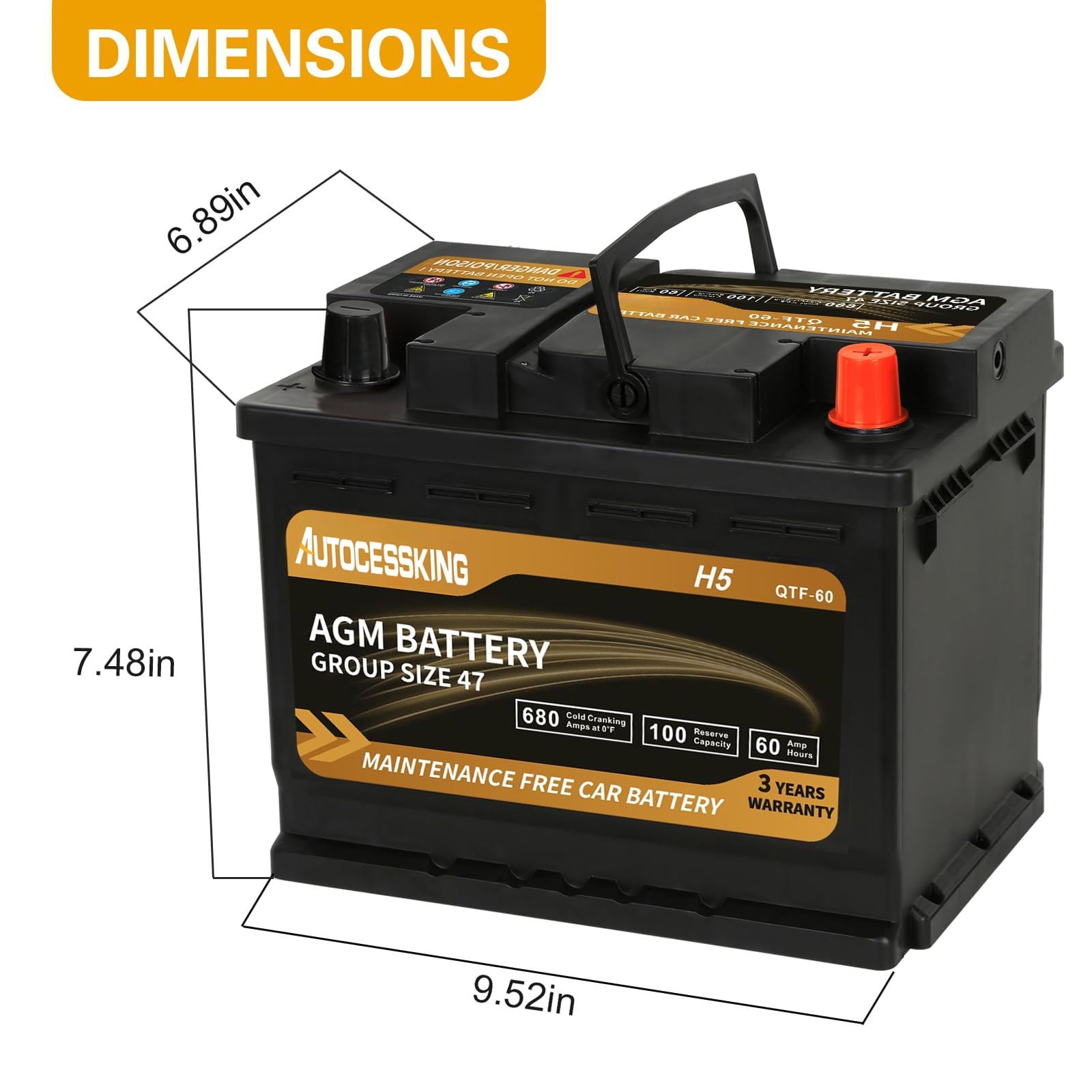 Autocessking Platinum AGM Battery, Group 47 Rechargeable Automotive Batteries for Car, 12V H5 680CCA 60Ah 100RC