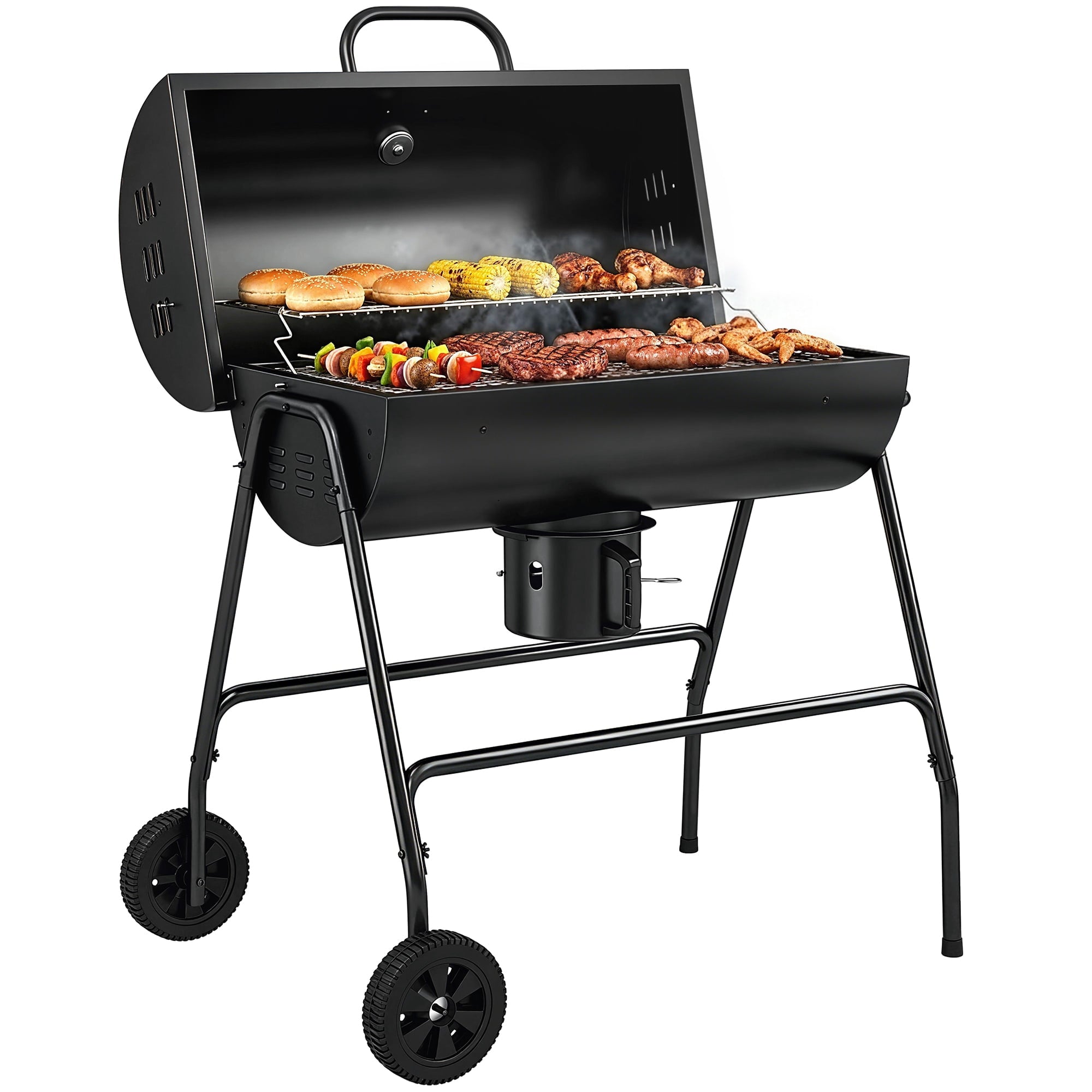 Outsunny Barrel Charcoal BBQ Grill with 420 sq.in. Cooking Area, Wheeled Outdoor Barbecue, Black