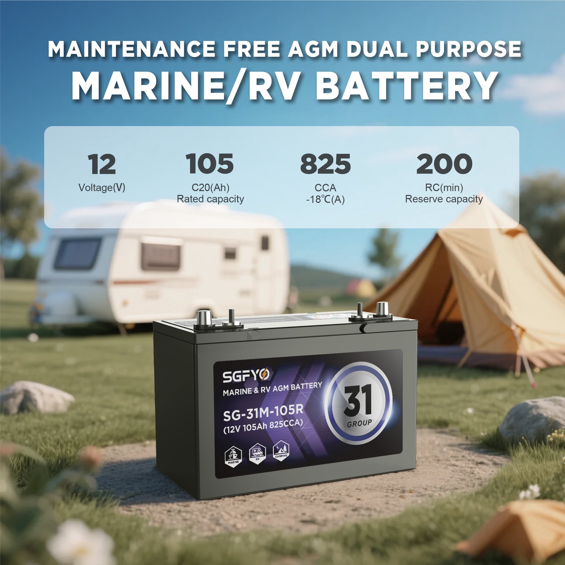 SGFYO Group Size 27M Dual Purpose Marine Battery,12V 92Ah 800CCA 175RC AGM Starter and Deep Cycle RV & Boat Batteries
