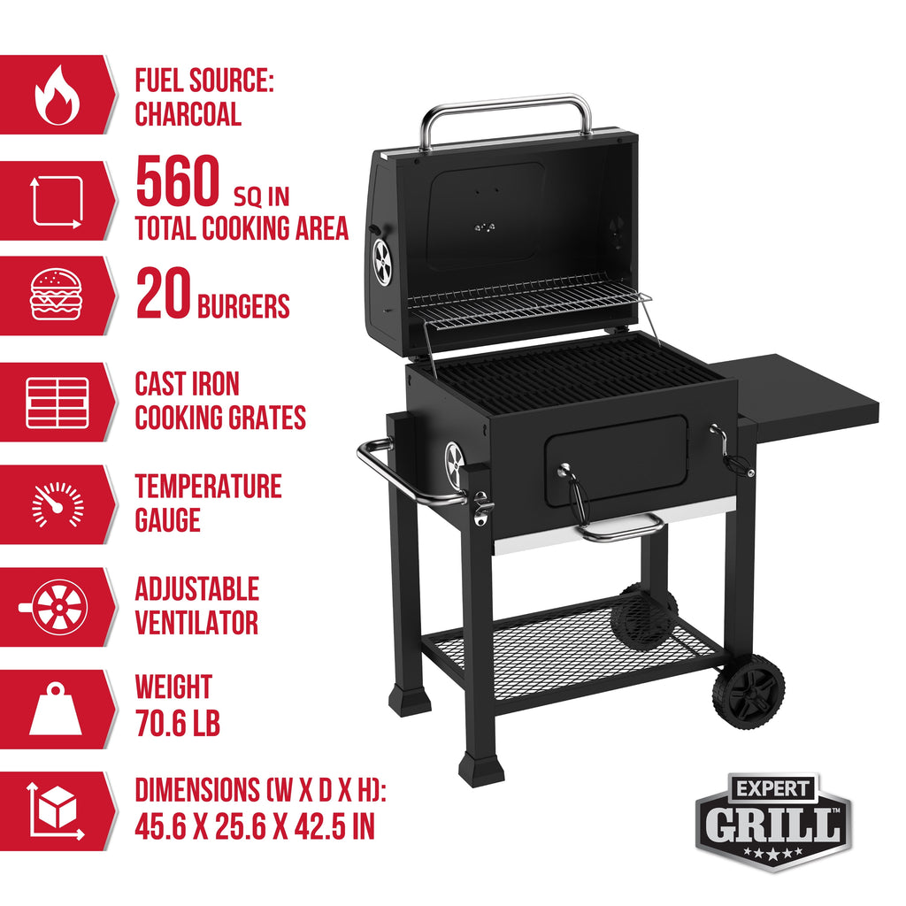 Expert Grill Charcoal Grill, 24 Inch Heavy Duty Charcoal Grill with Wheels, Black