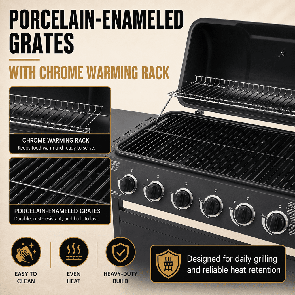 6-Burner Propane Gas Grill with Side Burner, 59000 BTU Outdoor BBQ Grill with Porcelain-Enameled Grates, Warming Rack, Side Tables, Bottle Opener, Thermometer and Wheels for Patio Backyard Cooking