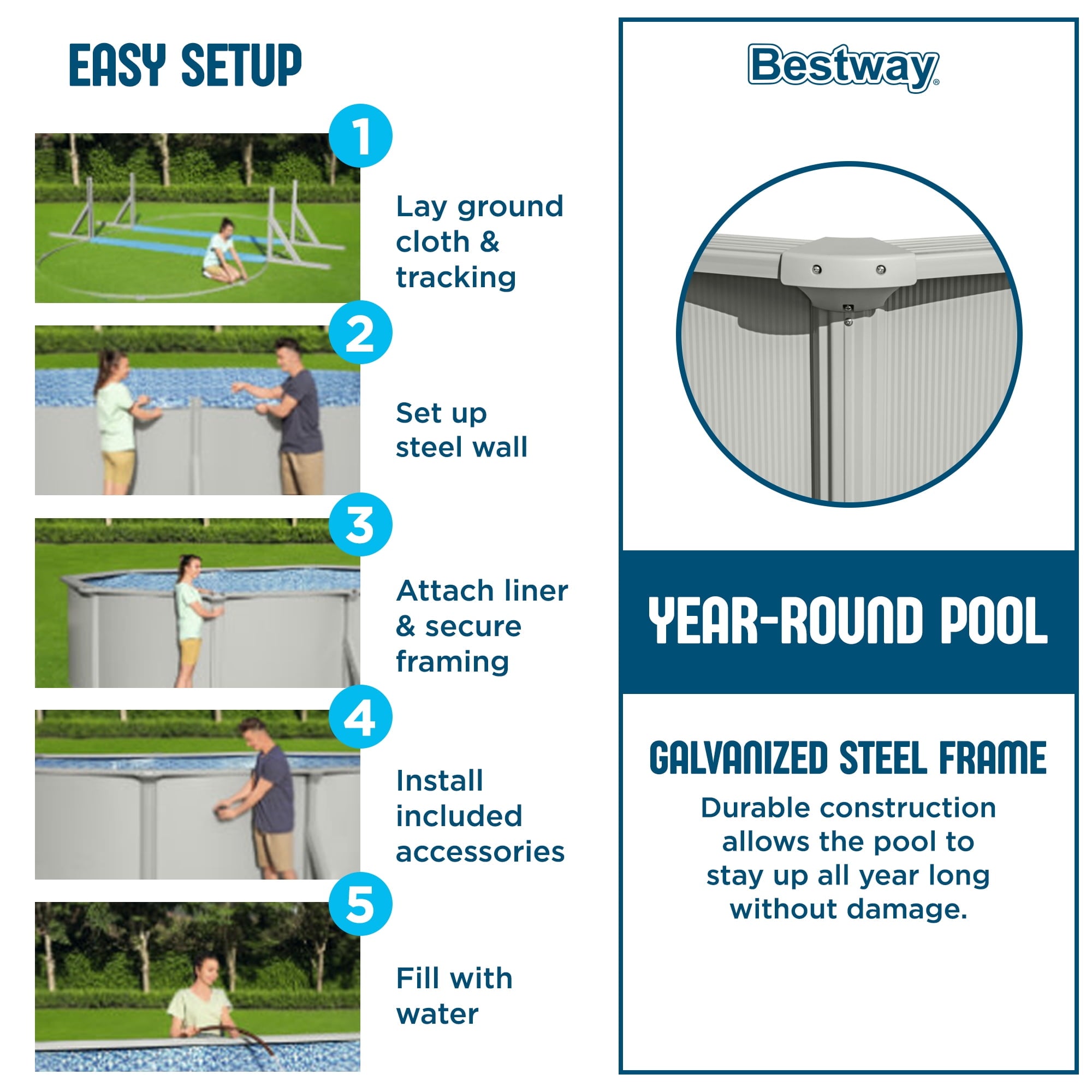 Bestway Hydrium 15' x 48 Steel Side Wall Above Ground Pool w/ Sand Pump & Accessories