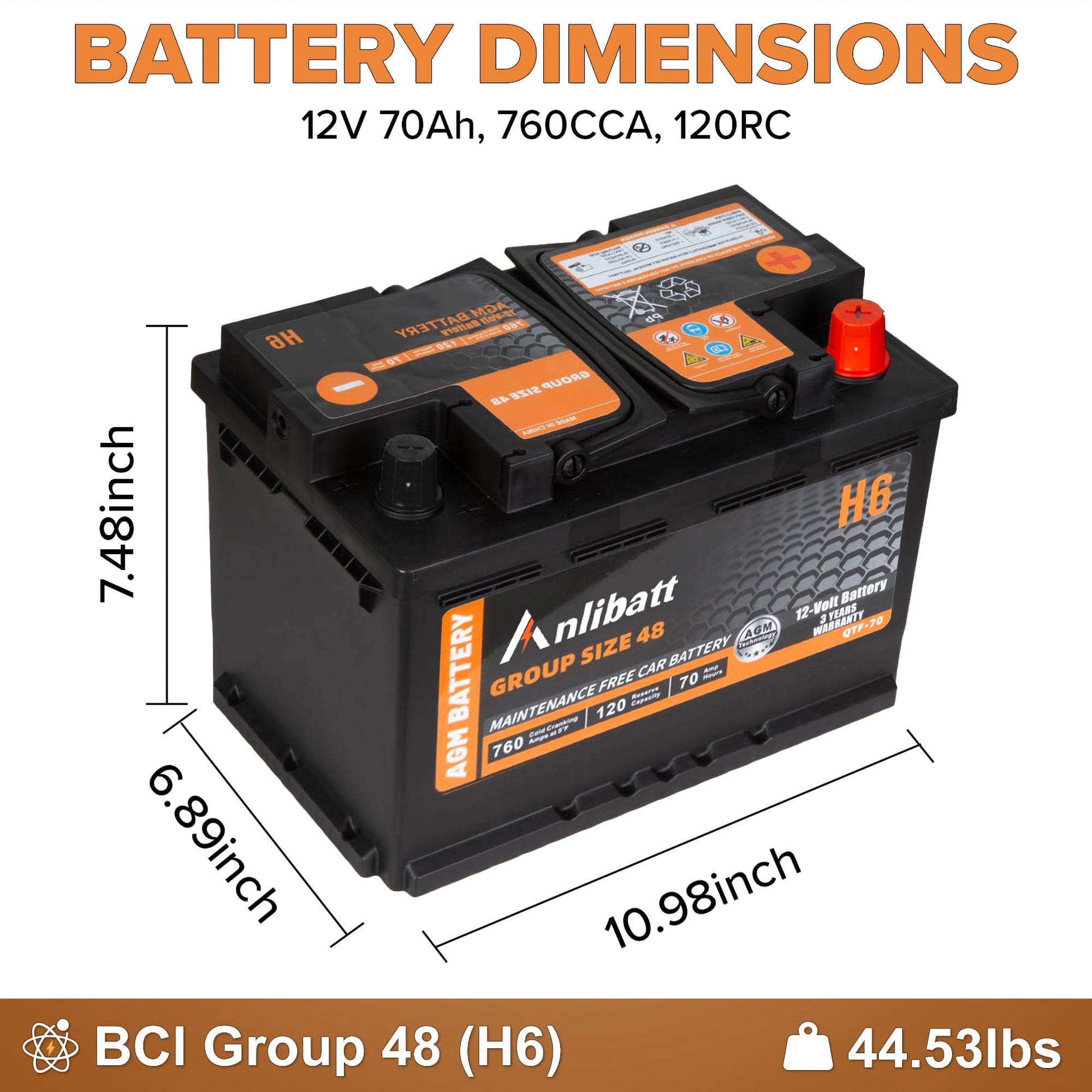 Anlibatt BCI Group 48 Battery, AGM 12 Volt Rechargeable Automotive Batteries for Car, H6 760CCA 70Ah 120RC, Maintenance Free