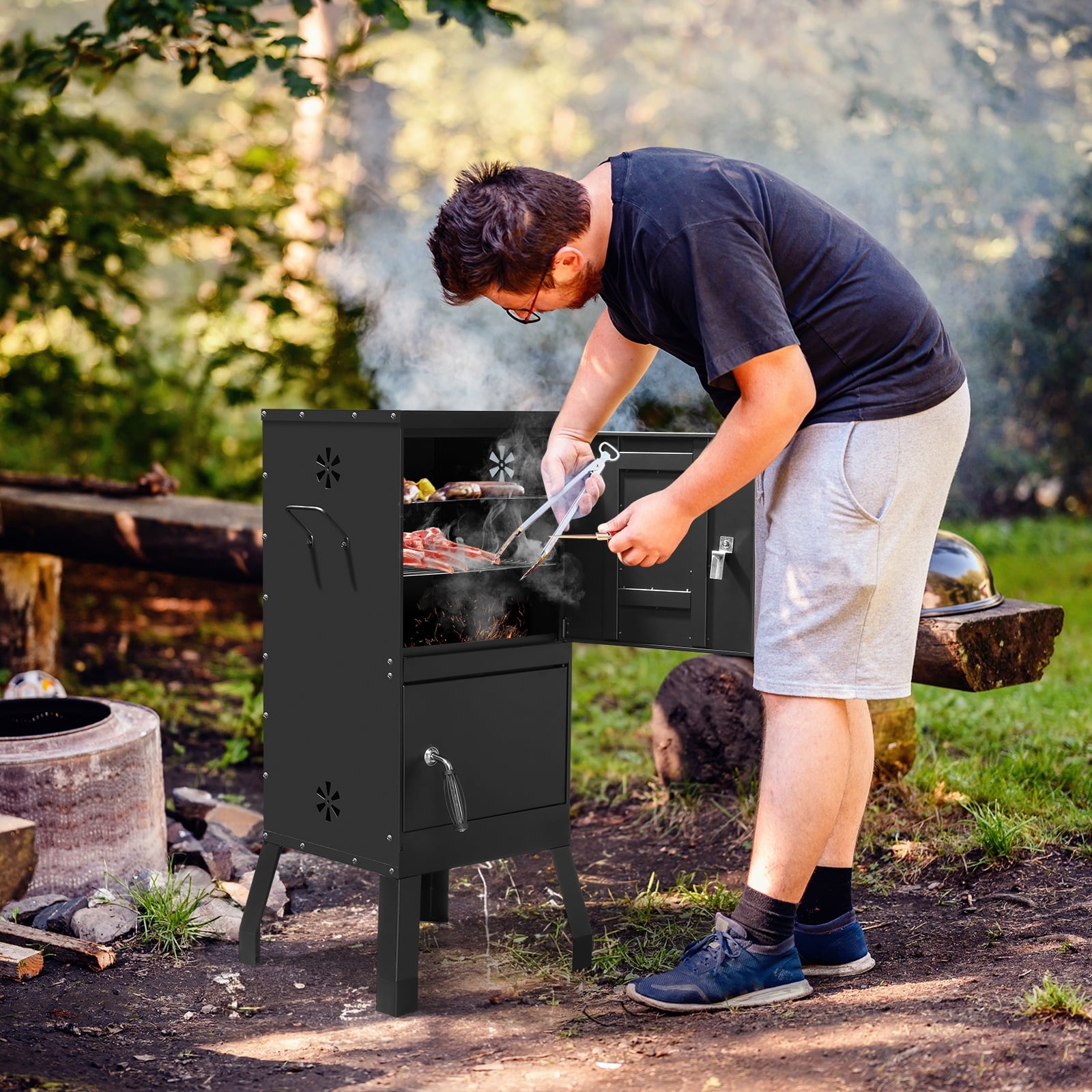 Zimtown Charcoal Grill BBQ Smoker Outdoor Barbecue Pit with 3 Levels Patio Backyard Black