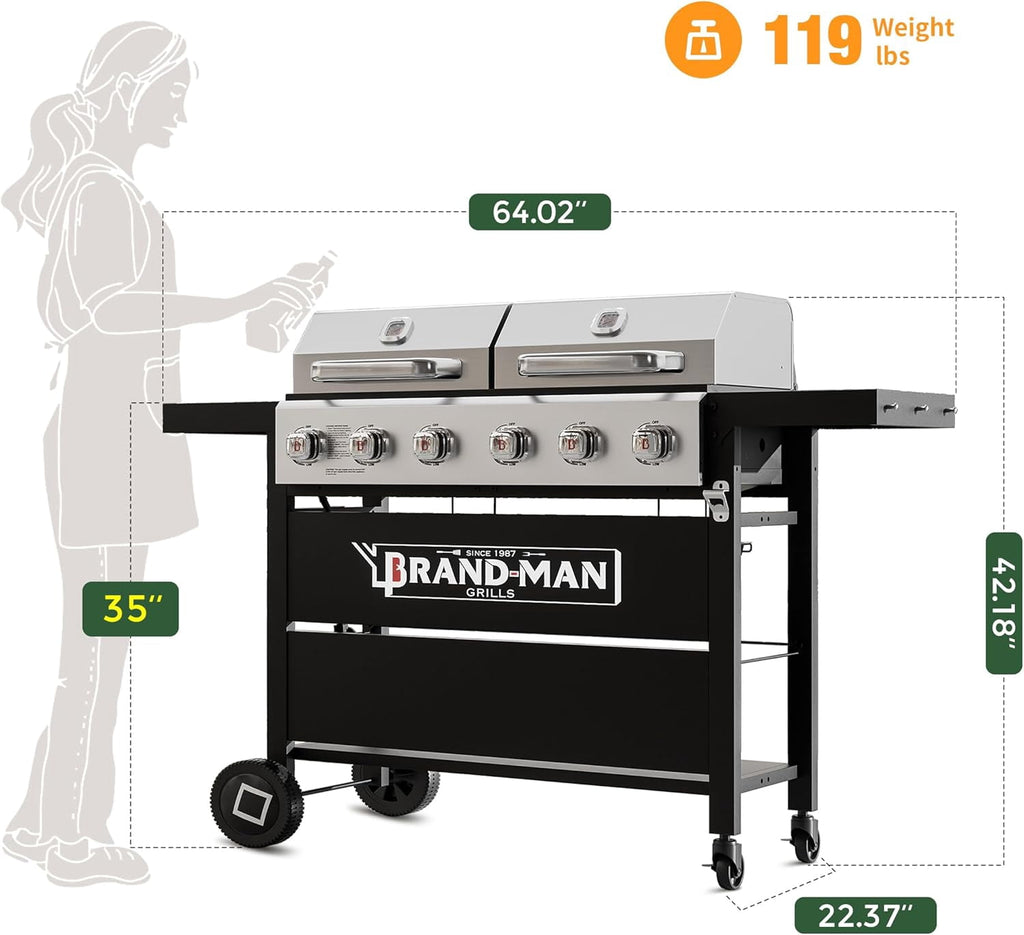 Brand Man Propane Gas & Charcoal Grill Combo with Griddle Dual Fuel BBQ Grill for Outdoor Barbecue, Black