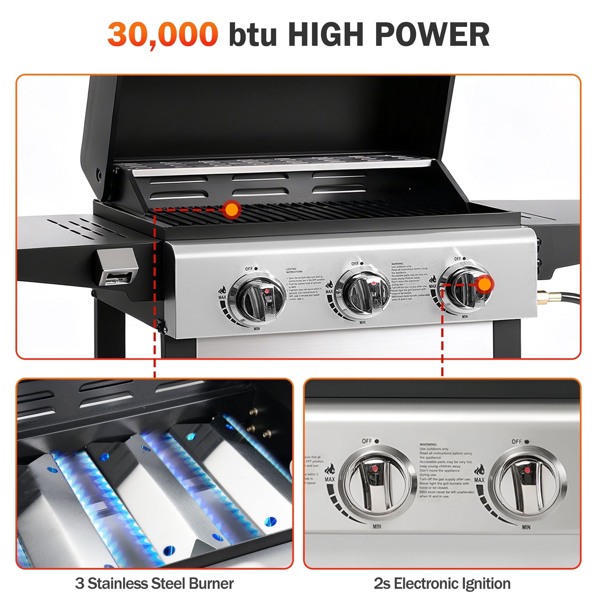 Outdoor BBQ Grill, Powerful 30,000BTU Gas Propane Grill, Stainless Steel Grill with Storage Shelves, Portable Grill for RV Party Camping Patio