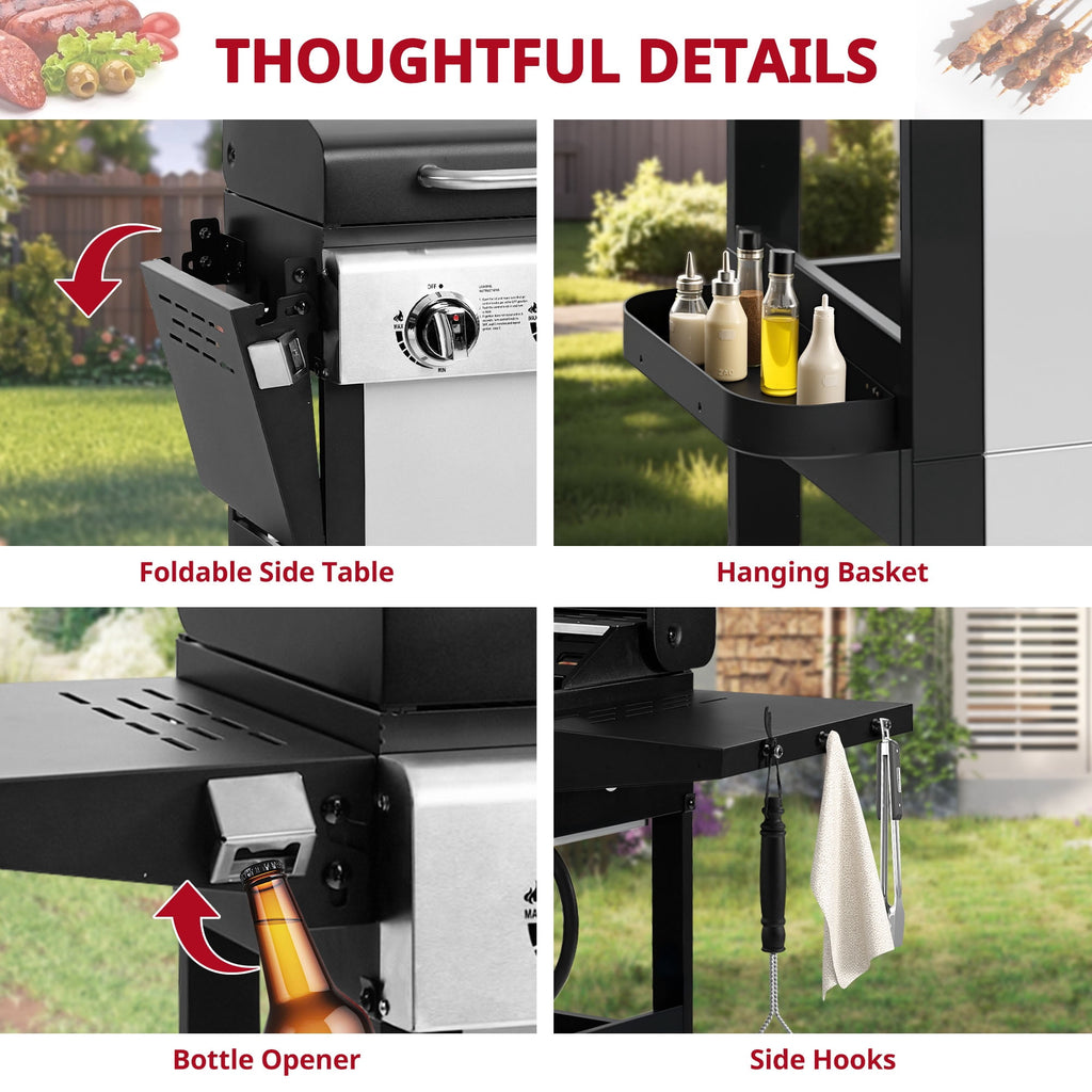 Outdoor BBQ Grill, Powerful 30,000BTU Gas Propane Grill, Stainless Steel Grill with Storage Shelves, Portable Grill for RV Party Camping Patio