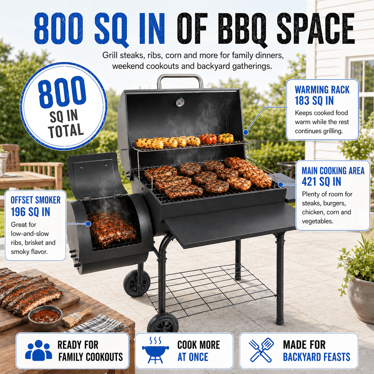 laraVist Charcoal Grill with Offset Smoker, 800 Sq. In. BBQ Grill