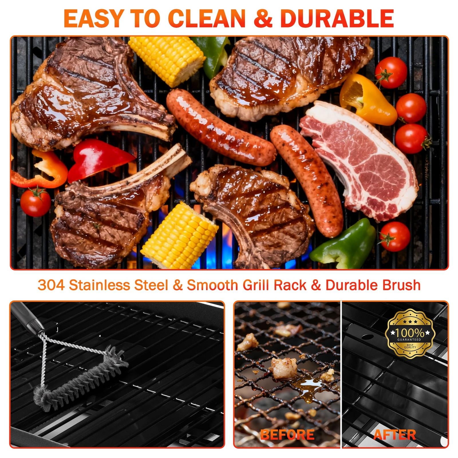 Outdoor BBQ Grill, Powerful 30,000BTU Gas Propane Grill, Stainless Steel Grill with Storage Shelves, Portable Grill for RV Party Camping Patio