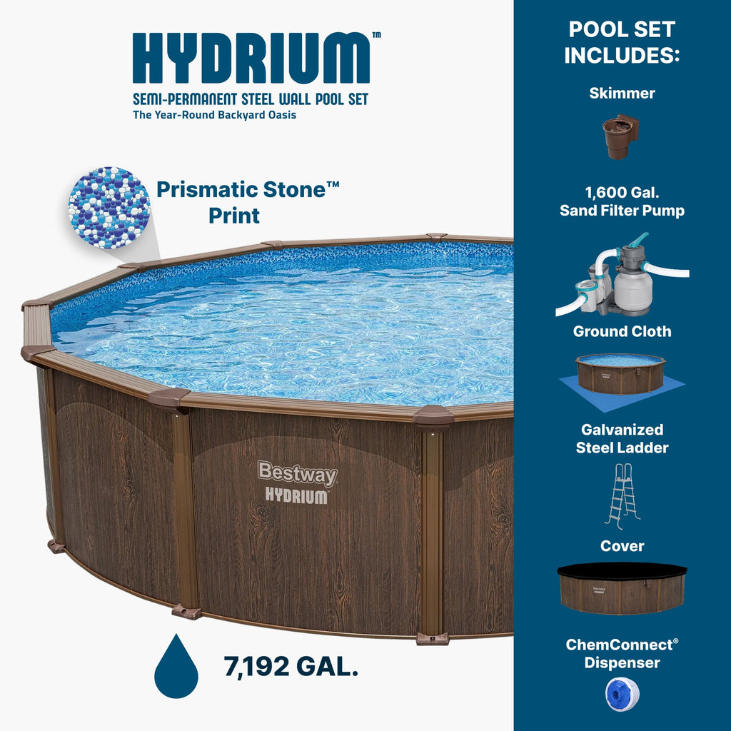 Bestway Hydrium 15' x 48 Steel Side Wall Above Ground Pool w/ Sand Pump & Accessories