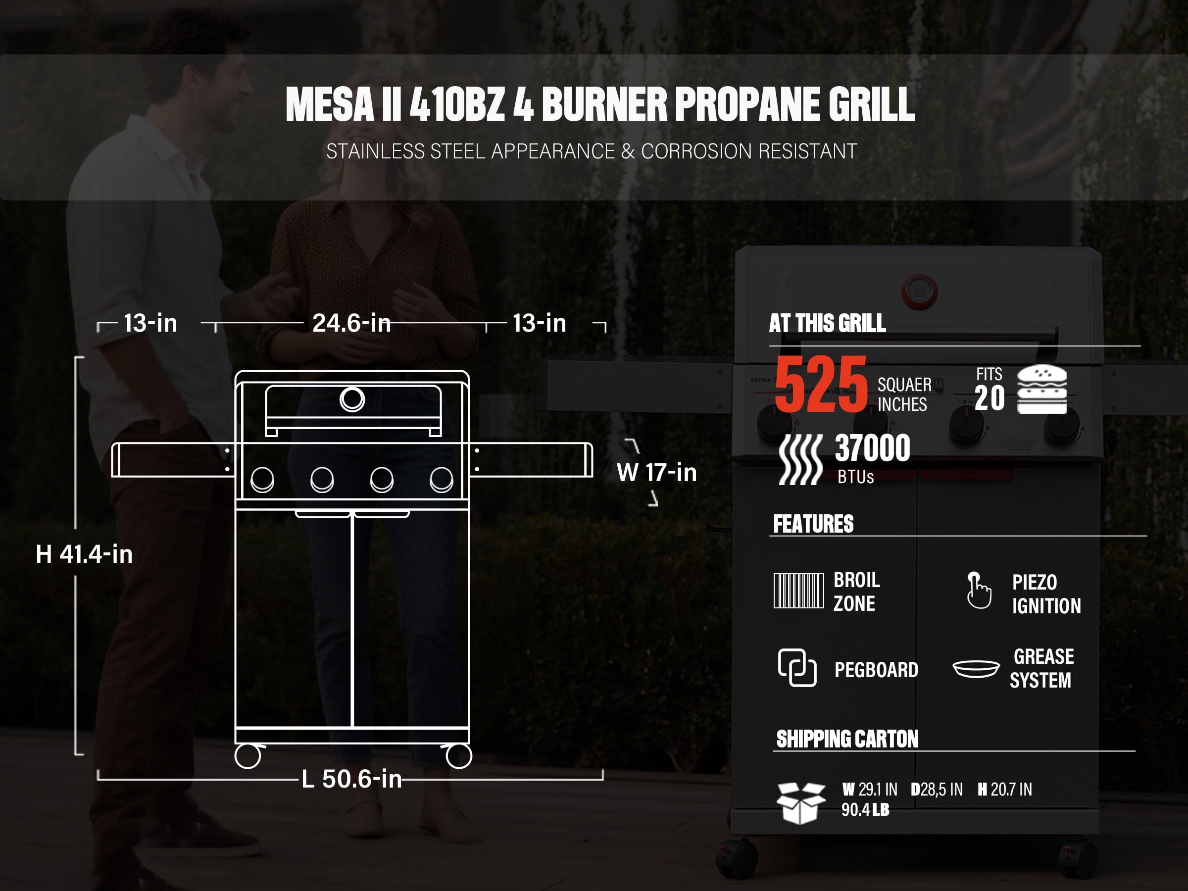 Monument Grills 4 Burner Propane Gas Grill ,Stainless Steel Outdoor Patio Barbecue Grill with Folding Shelves and Flip Rack, Mesa II 410BZ