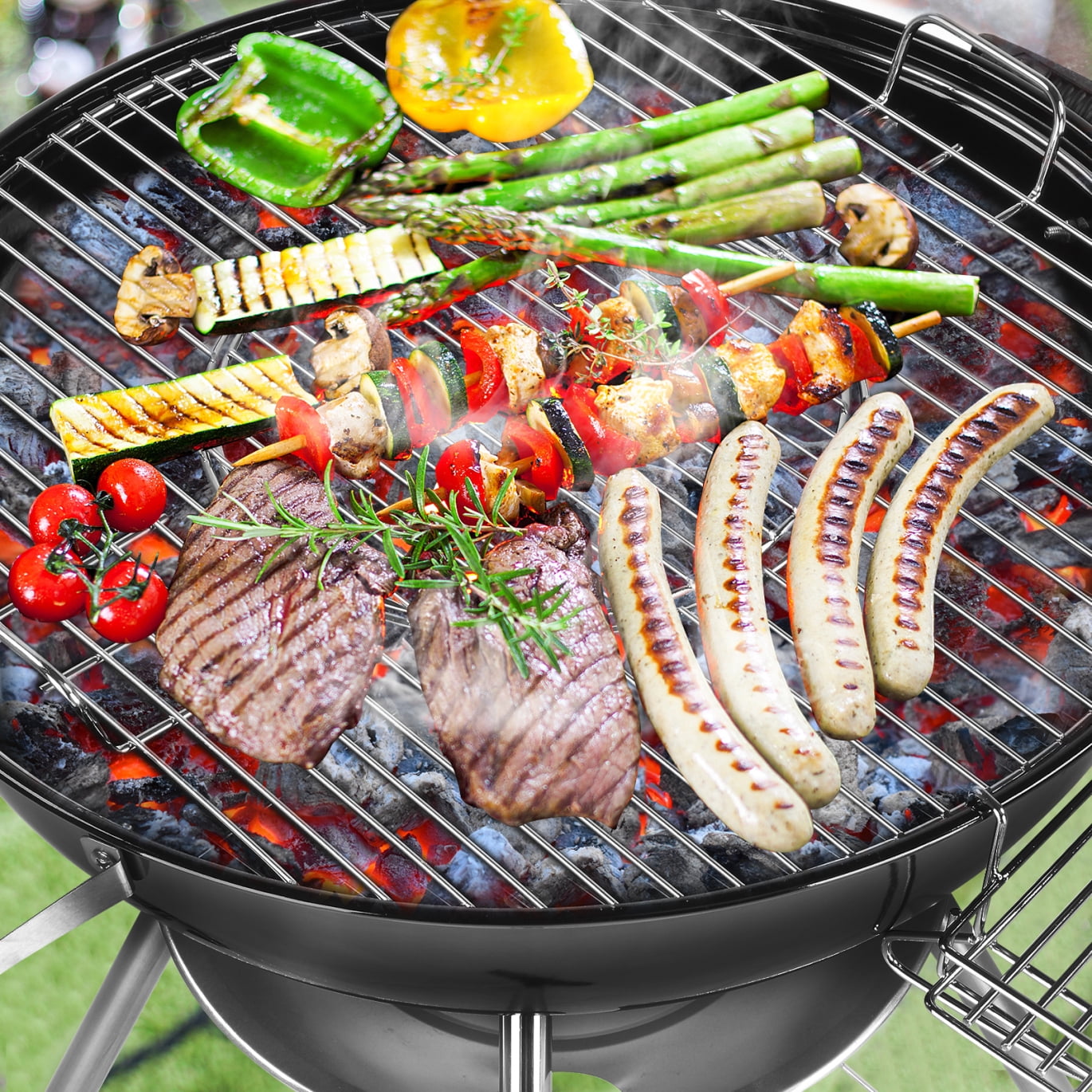 28-Inch Portable Charcoal Grill with Wheels and Storage Holder, Porcelain-Enameled Lid and Ash Catcher & Thermometer, Round Barbecue Kettle Grill Bowl Wheels for Outdoor Party Camping Picnic