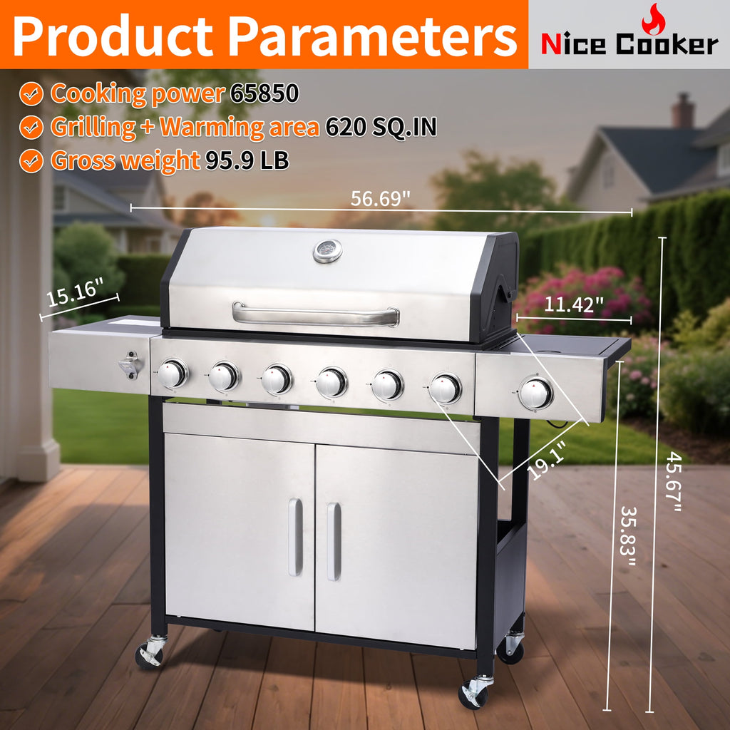 Nice Cooker 6-Burner Propane Gas BBQ Grill with Side Burner - 65850 BTU Total Output Stainless Steel Grills with Enameled Cast Iron Grill for Outdoor Backyard Barbecue, 620 SQ. IN. Cooking Area