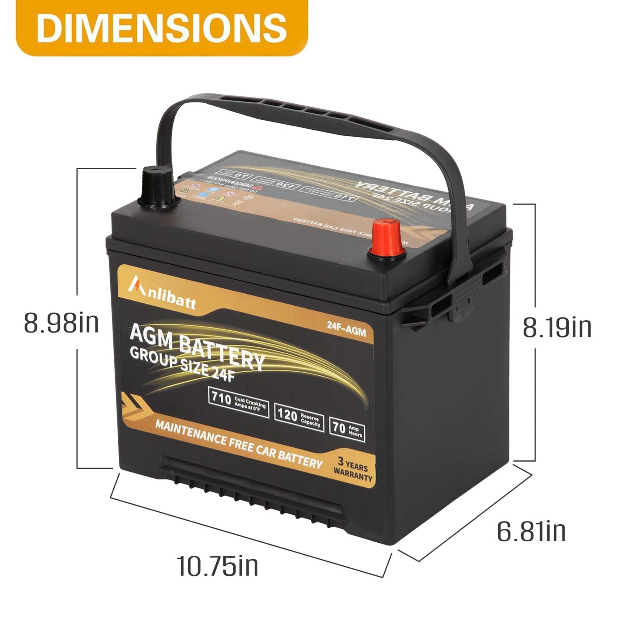 Anlibatt Car AGM Battery Group Size 48 H6 Start Stop Battery 12V 70Ah 760CCA Maintenance Free Rechargeable