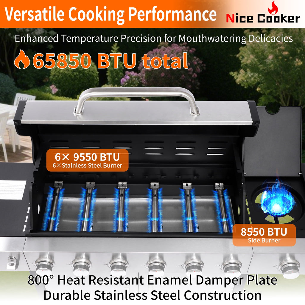 Nice Cooker 6-Burner Propane Gas BBQ Grill with Side Burner - 65850 BTU Total Output Stainless Steel Grills with Enameled Cast Iron Grill for Outdoor Backyard Barbecue, 620 SQ. IN. Cooking Area