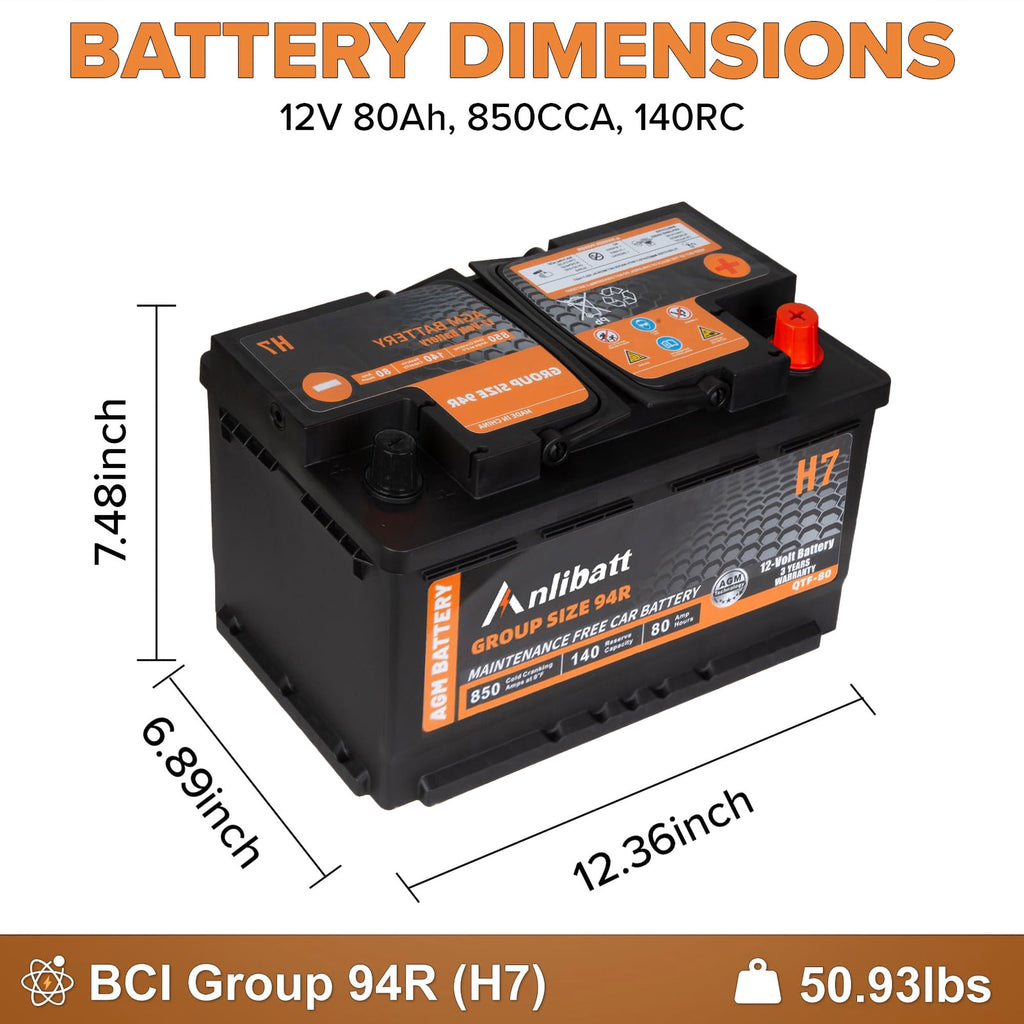 Anlibatt BCI Group 48 Battery, AGM 12 Volt Rechargeable Automotive Batteries for Car, H6 760CCA 70Ah 120RC, Maintenance Free