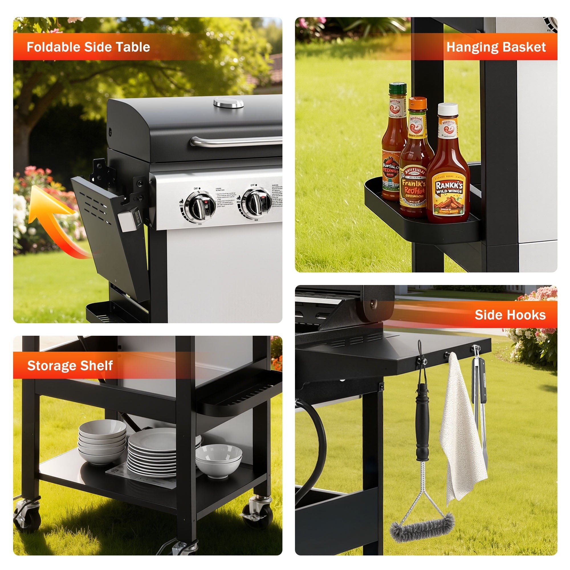 Outdoor BBQ Grill, Powerful 30,000BTU Gas Propane Grill, Stainless Steel Grill with Storage Shelves, Portable Grill for RV Party Camping Patio