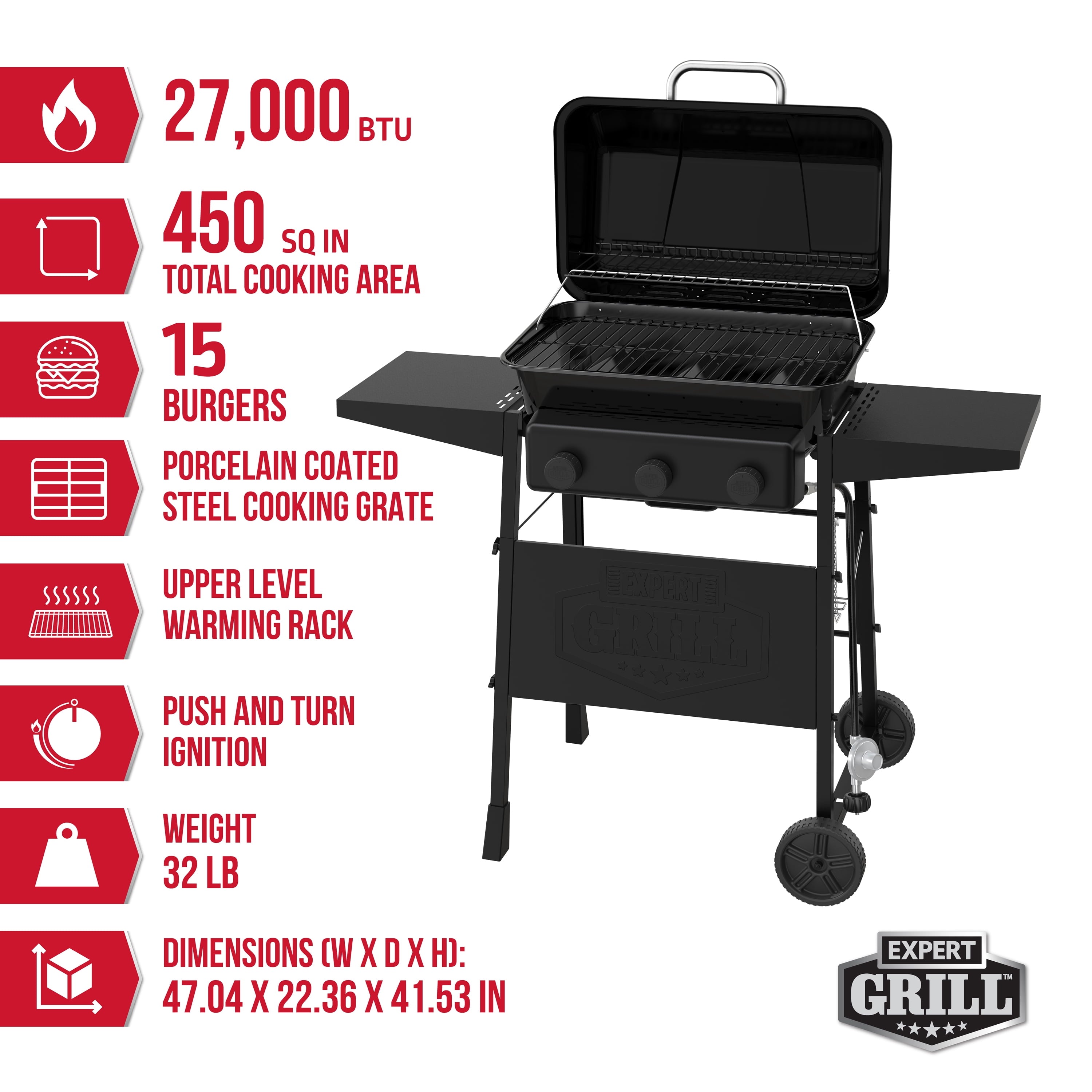 Expert Grill 3-Burner Propane Gas Grill with Wheels and Side Shelves, Black